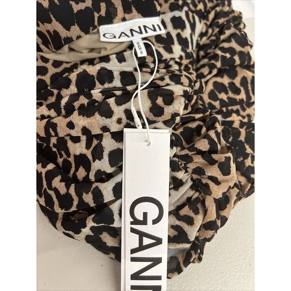 NEW NWT Ganni Leopard Shirred Skirt Animal Printed Mesh Short Stretch SZ US 2 34 - Picture 6 of 9